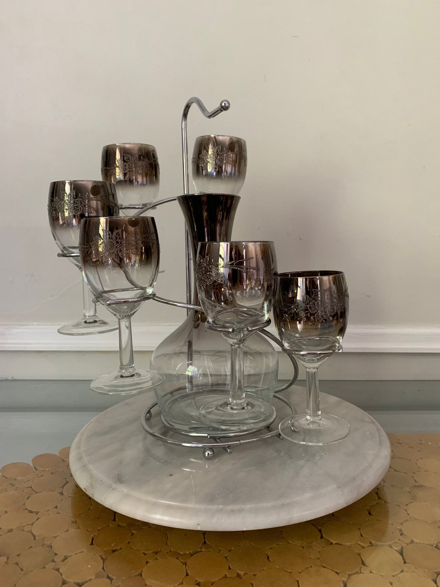 MCM Silver Fade Raised Flower Pattern Wine Glasses and Decanter set with Chrome Caddy