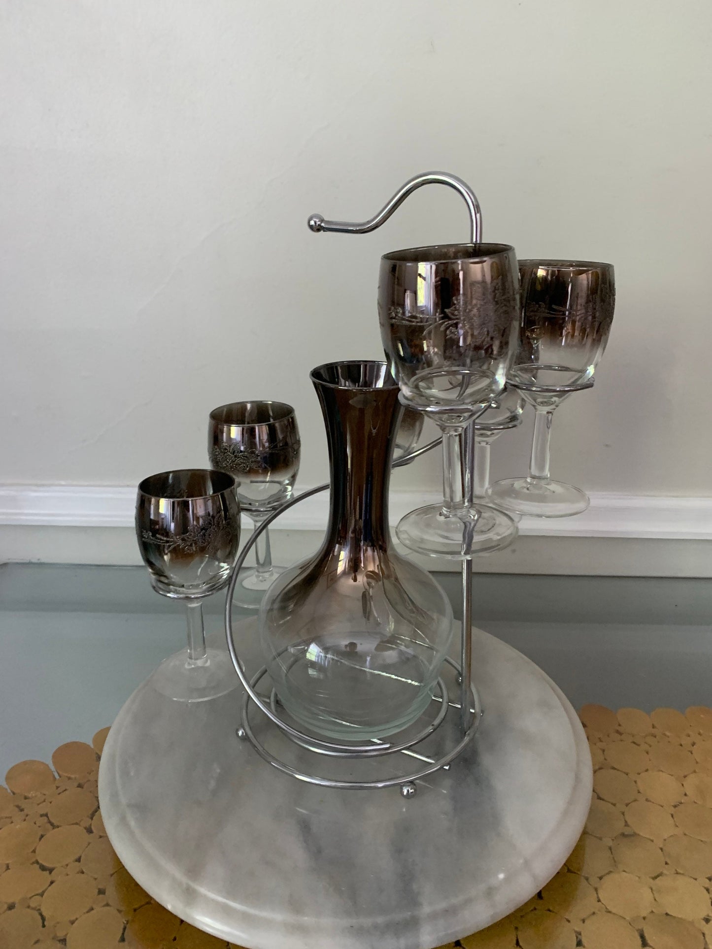 MCM Silver Fade Raised Flower Pattern Wine Glasses and Decanter set with Chrome Caddy