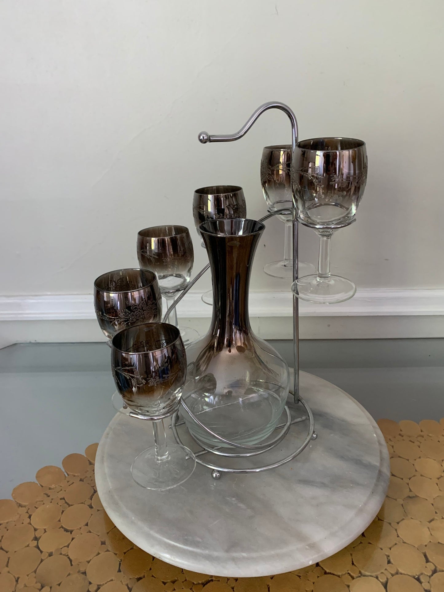 MCM Silver Fade Raised Flower Pattern Wine Glasses and Decanter set with Chrome Caddy