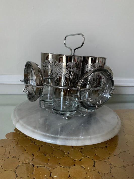 Set of 4 Vintage Embossed Rose Design Silver Fade Tumblers & Coasters in Chrome Caddy