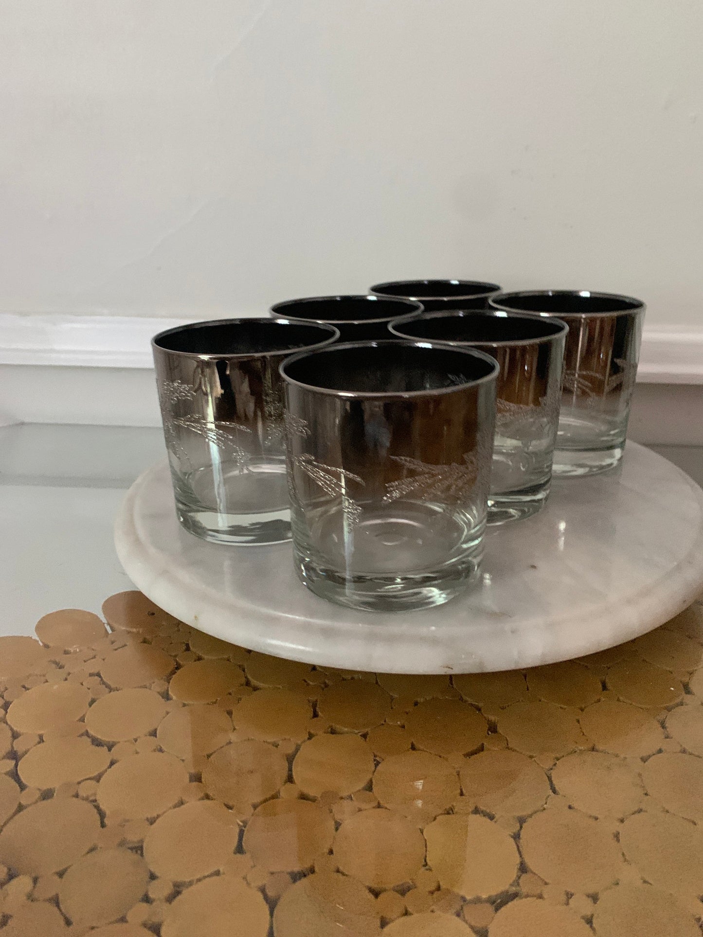 Set of 6 MCM Short Mercury Embossed Floral Motif Low Ball Tumblers