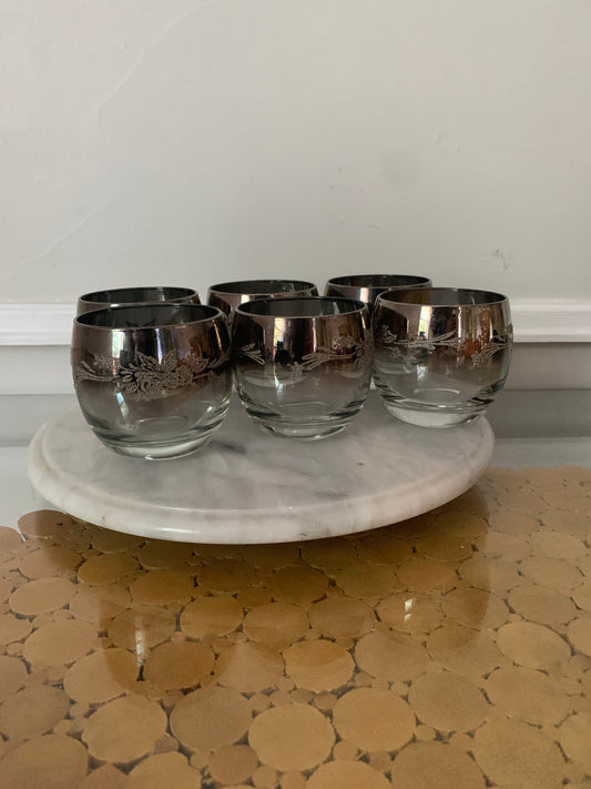 Set of 6 Mid Century Floral Embossed Roly Poly Mercury Fade Glasses