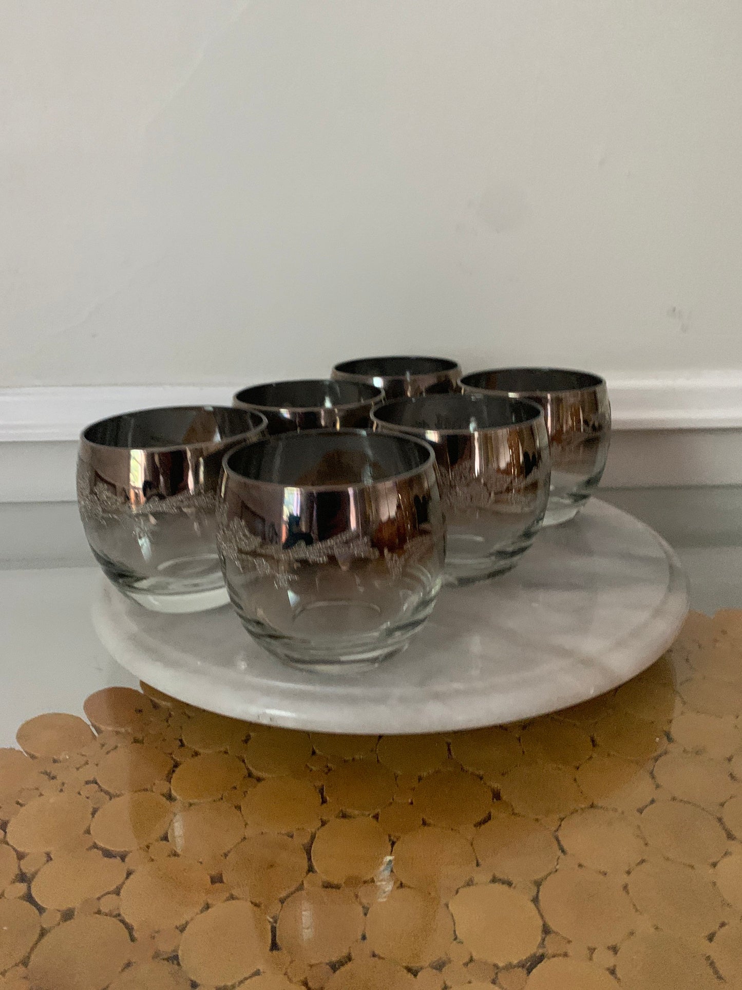 Set of 6 Mid Century Floral Embossed Roly Poly Mercury Fade Glasses