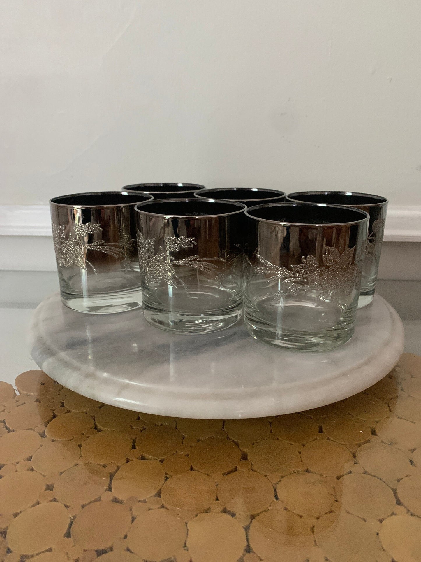 Set of 6 MCM Short Mercury Embossed Floral Motif Low Ball Tumblers
