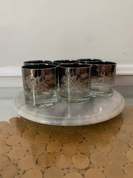 Set of 6 MCM Short Mercury Embossed Floral Motif Low Ball Tumblers
