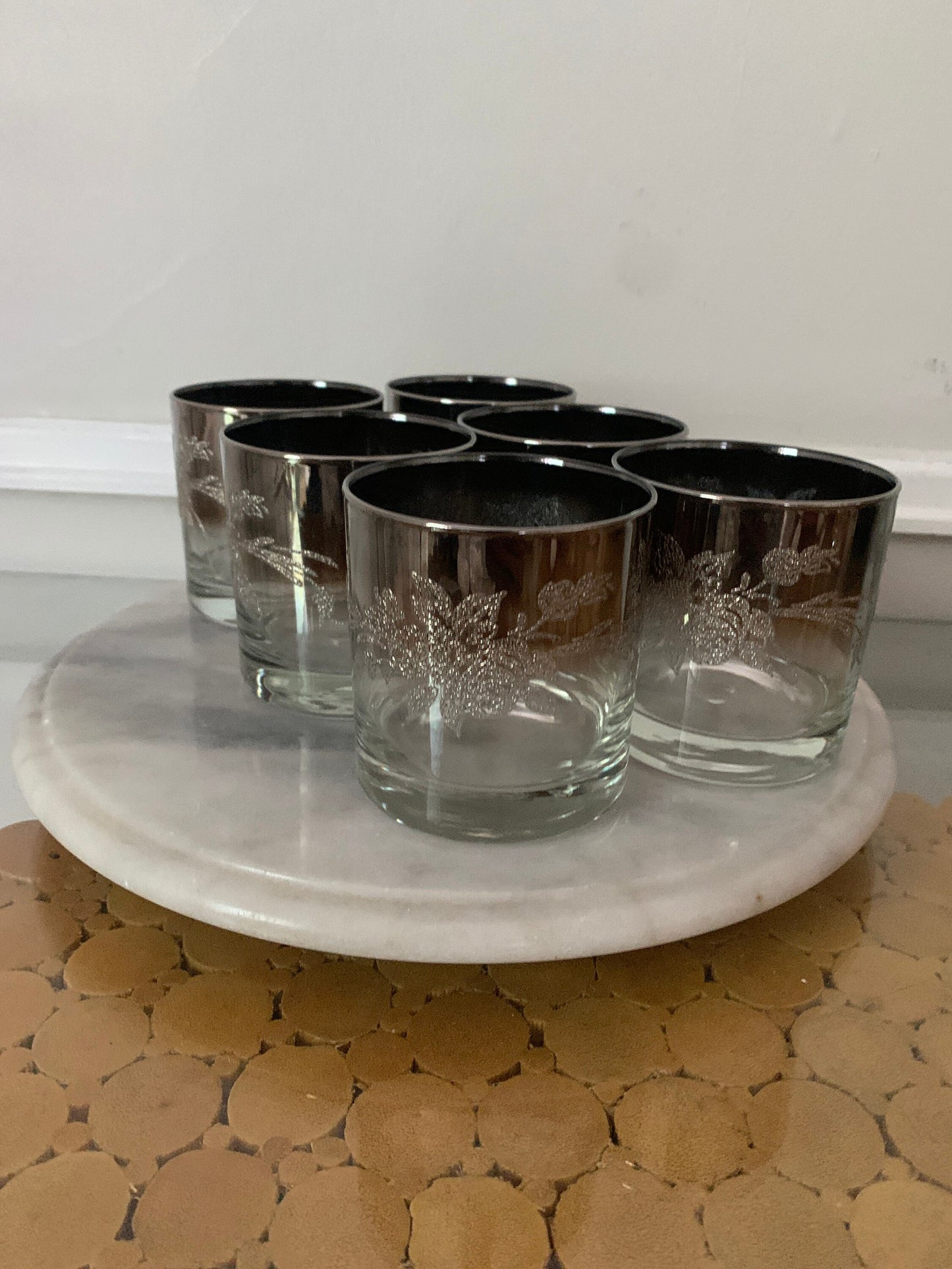 Set of 6 MCM Short Mercury Embossed Floral Motif Low Ball Tumblers