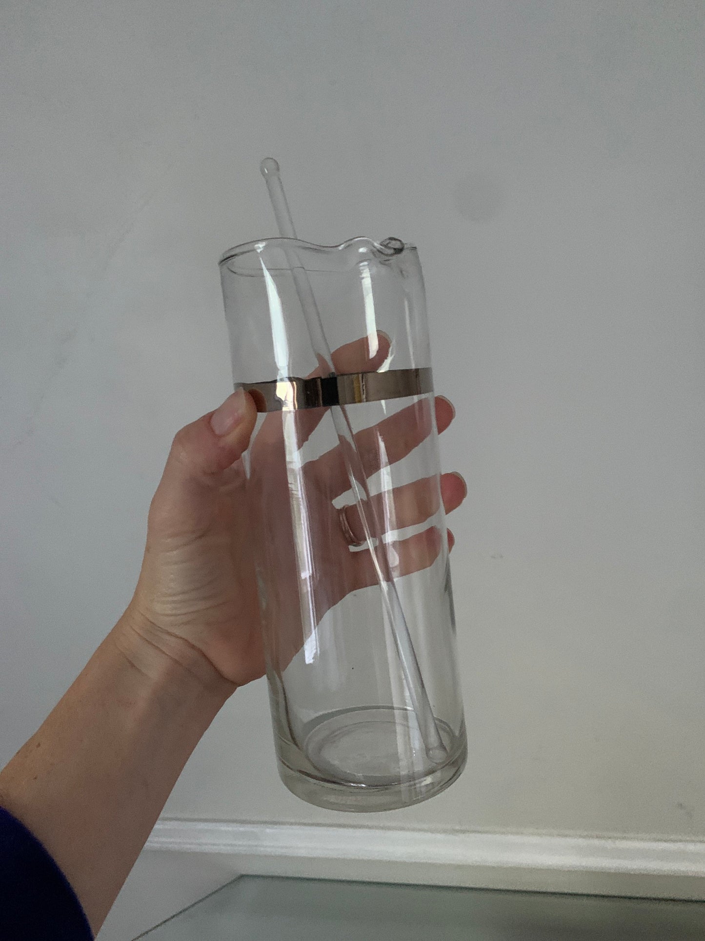 Vintage Set of 4 Low Ball Glasses with Silver Stripe Pitcher & Stir Stick