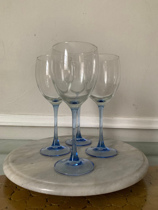 Set of 4 Retro White Wine Light Blue Stem Luminarc Wine Glasses Made in France