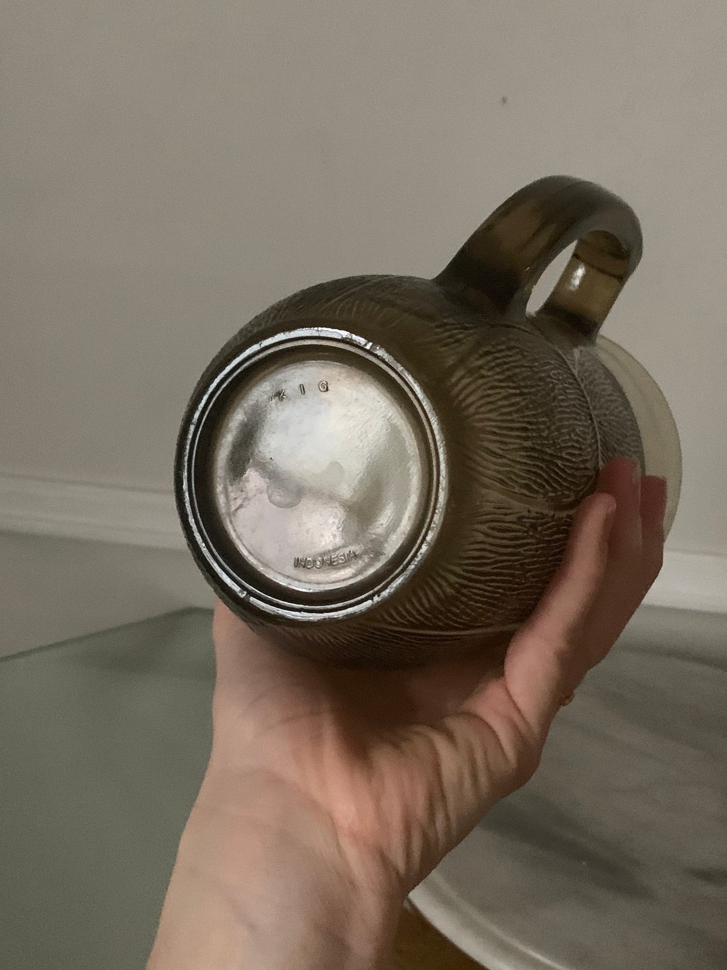 Small Retro Arocoroc Luminarc Textured Smokey Brown Glass Pitcher