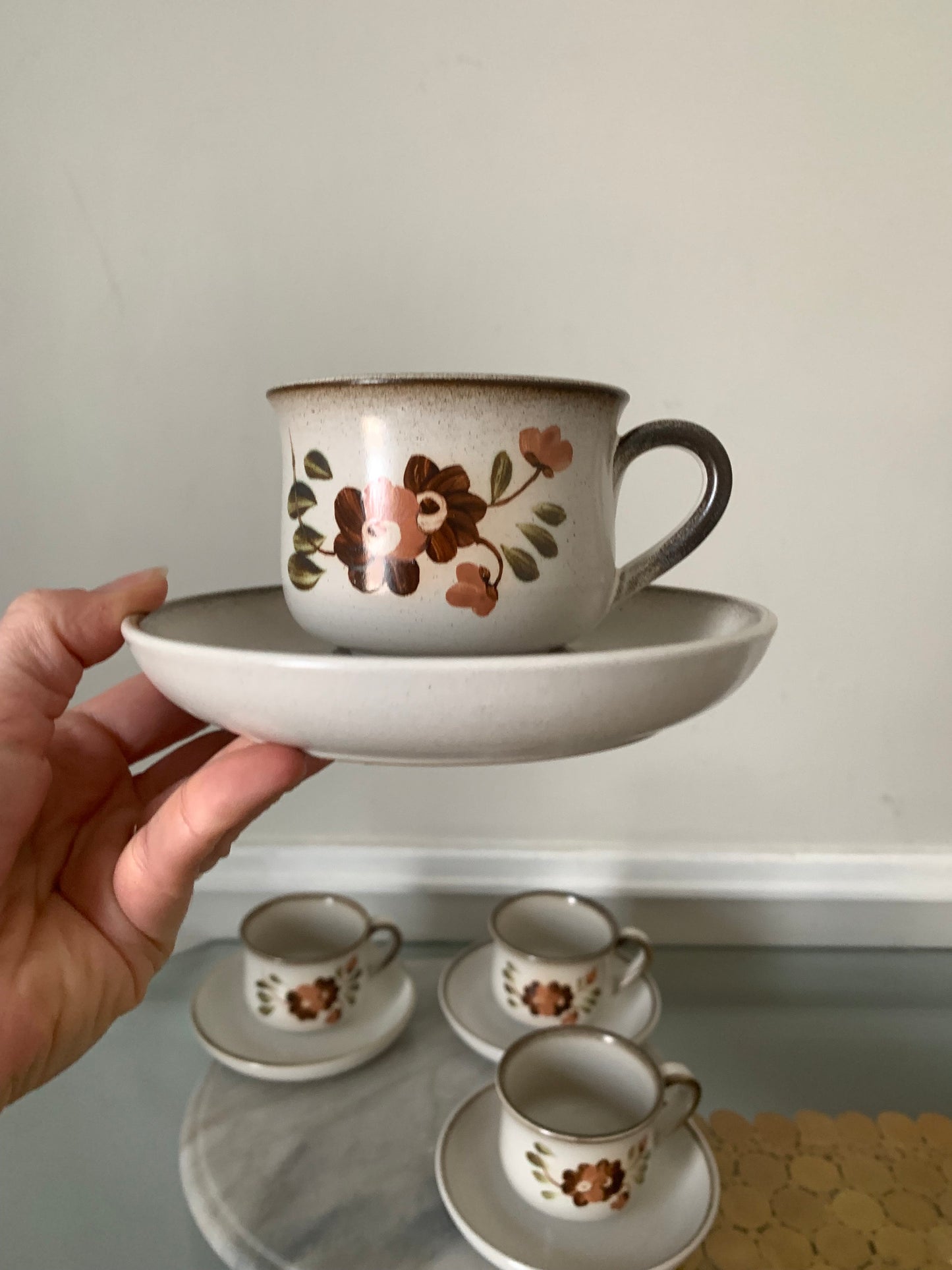 Retro Set of 4 Denby Potter's Wheel Flower Cup and Saucer Set Made in England
