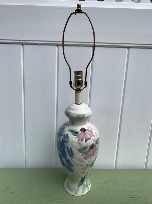 Tall Vintage Cream Pottery Lamp with Hand Painted Flowers No Shade
