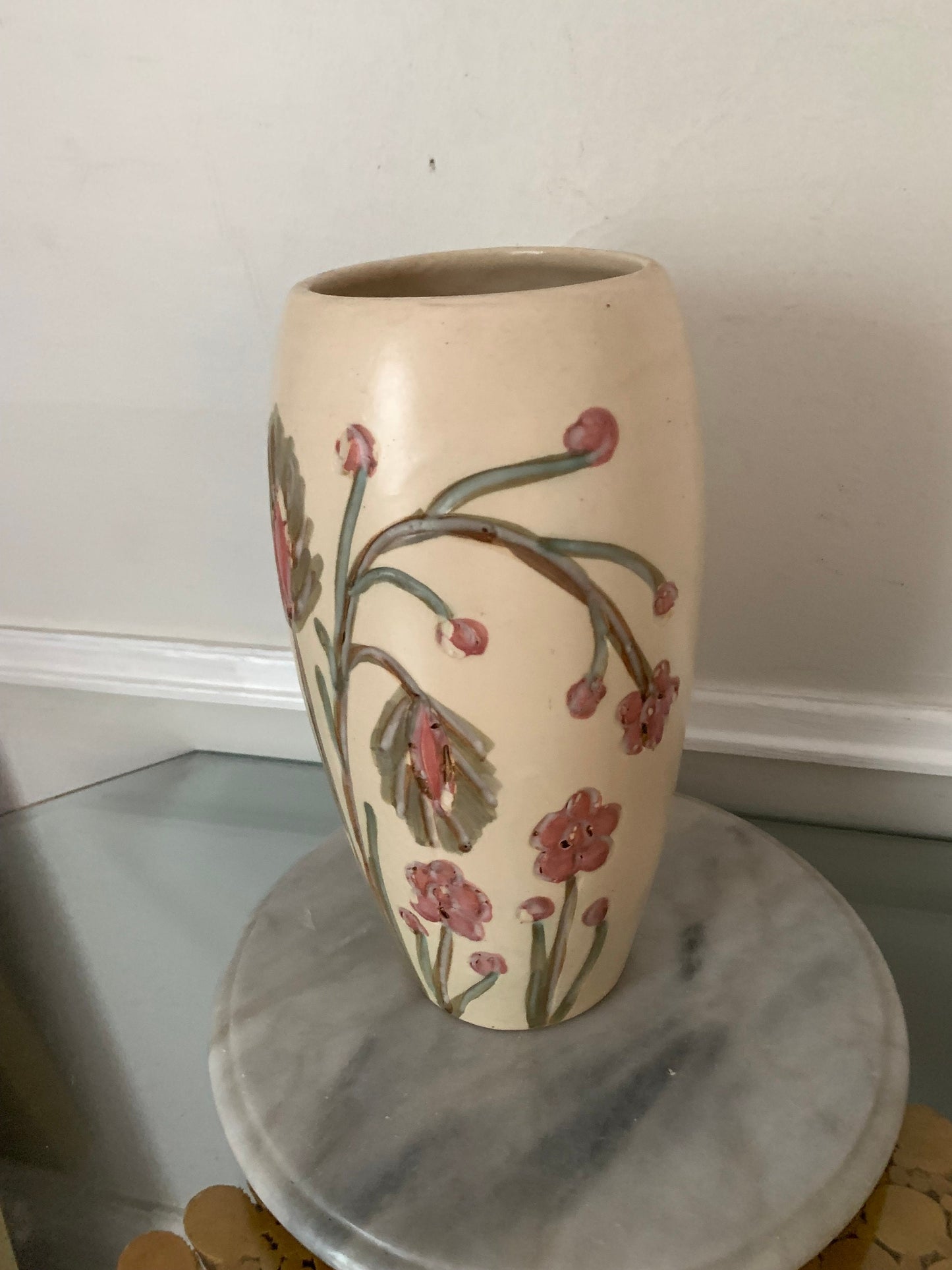 Retro Tall Cream Pottery Vase with Etched Pink Flowers