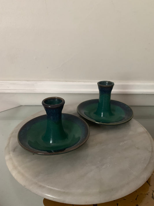 Pair of Hand Made Blue and Turquoise Pottery Candlestick Holders