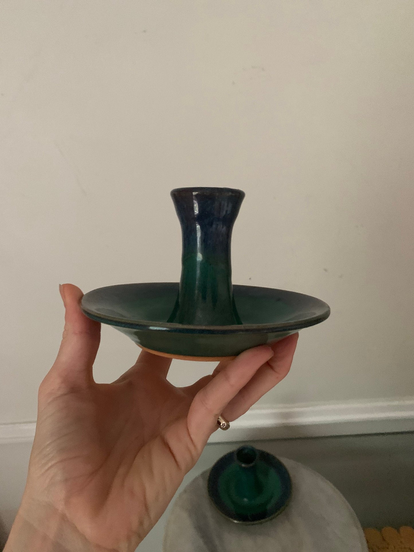 Pair of Hand Made Blue and Turquoise Pottery Candlestick Holders