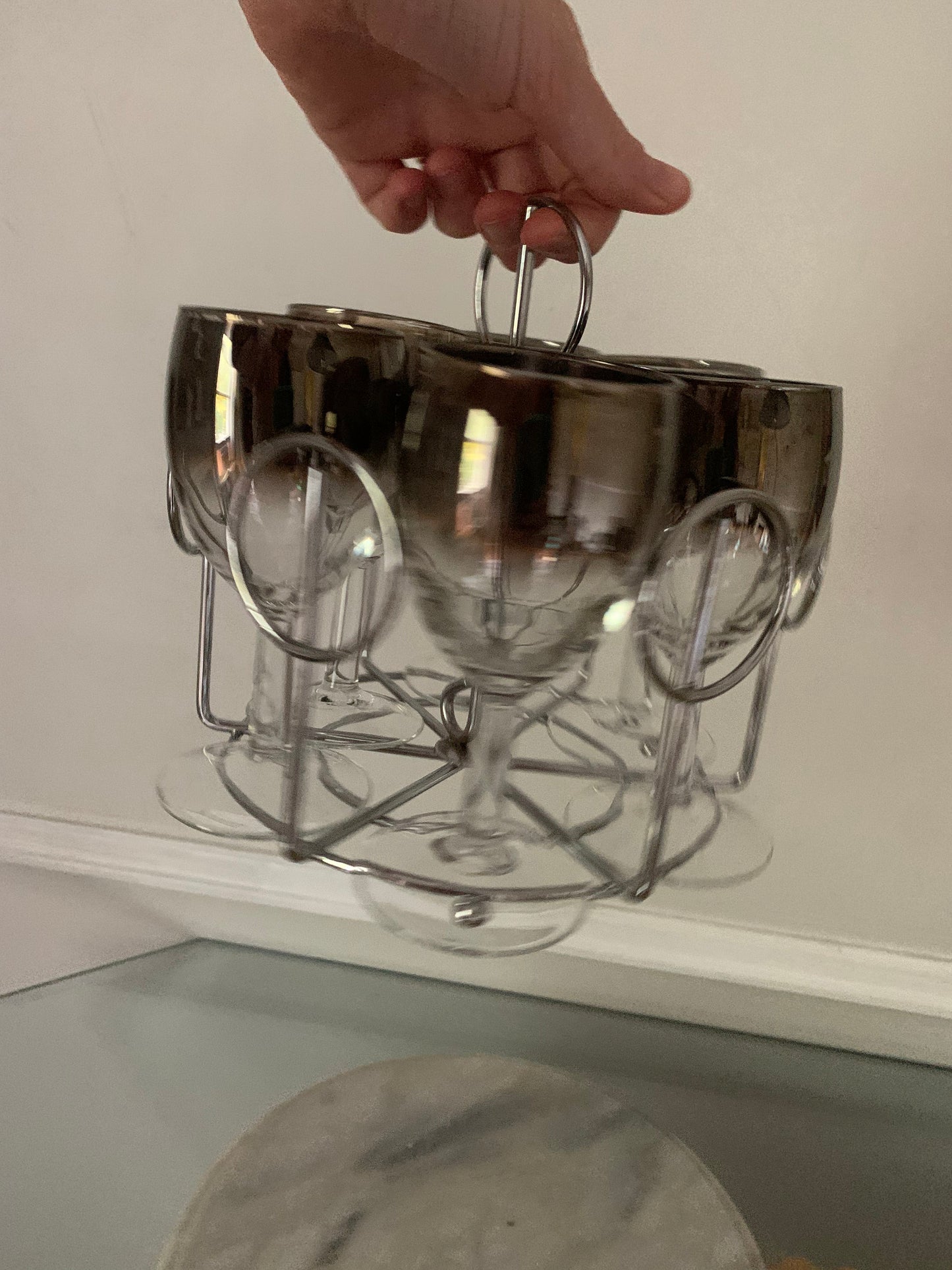 Set of 6 Vintage Wine Glases with Silver Fade in Circular Chrome Caddy