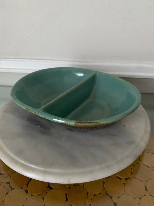 Handmade Jade and Brown Glazed Divided Pottery Dish
