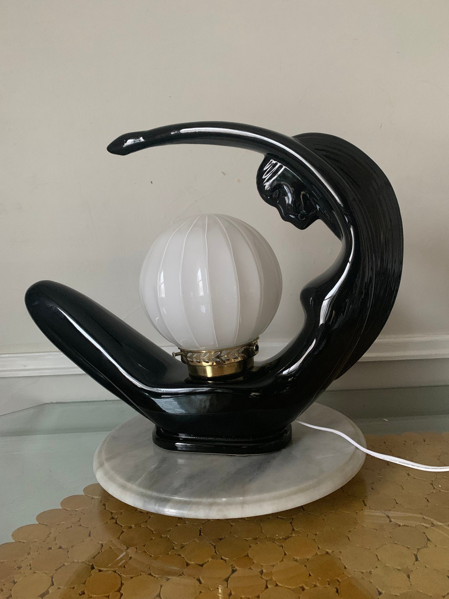 Retro Art Deco Inspired Black Ceramic Crescent Lady Lamp with Ribbed Glass Globe - 2 Available