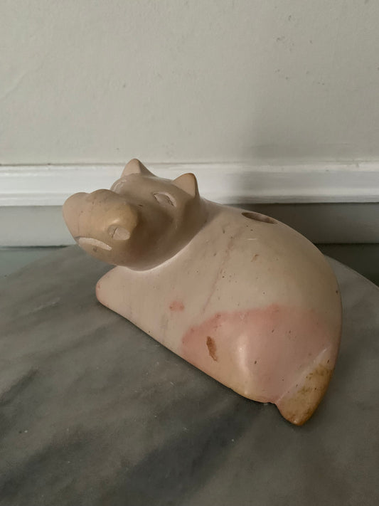 Retro Handcarved Pink Soapstone Hippo Candle Holder
