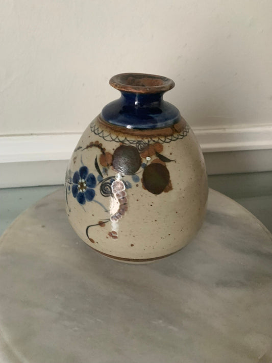 Retro Pottery Vase with Blue Flowers