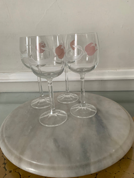 Set of 4 Vintage Czechoslovakian Bohemian Hand Painted Pink Tulip Crystal Wine Glasses