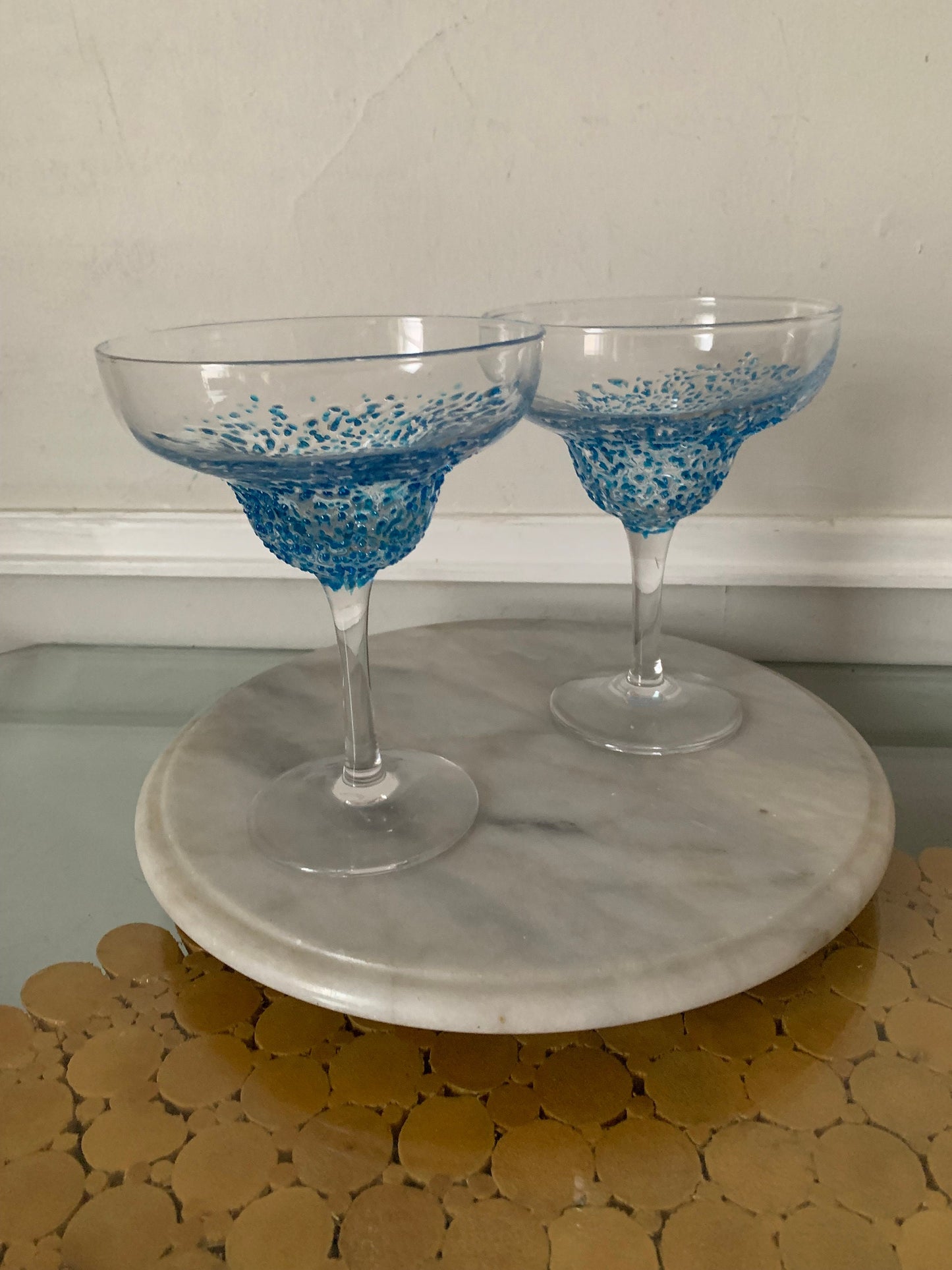 Retro Set of 2 Textured Aqua Blue Margarita Glasses