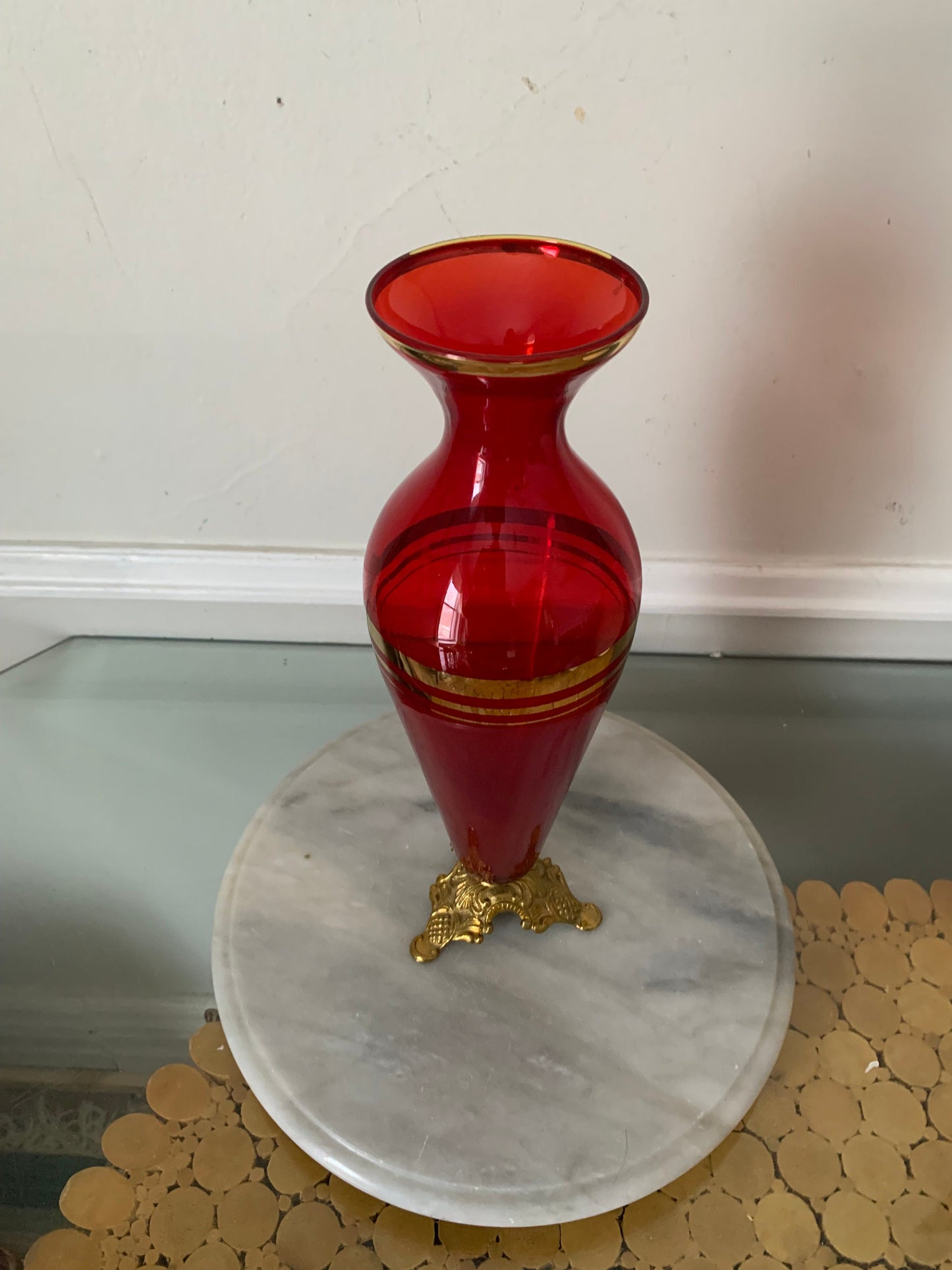 Vintage Tall Red Glass Vase with Gold Stripes and Brass Base