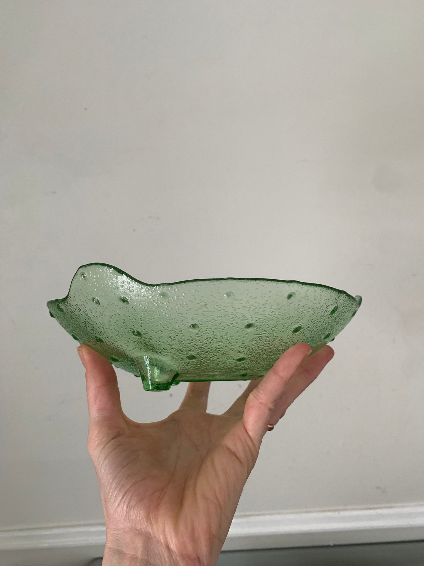 Vintage Medium Clear Lime Green Glass Footed Bowl with Bumps