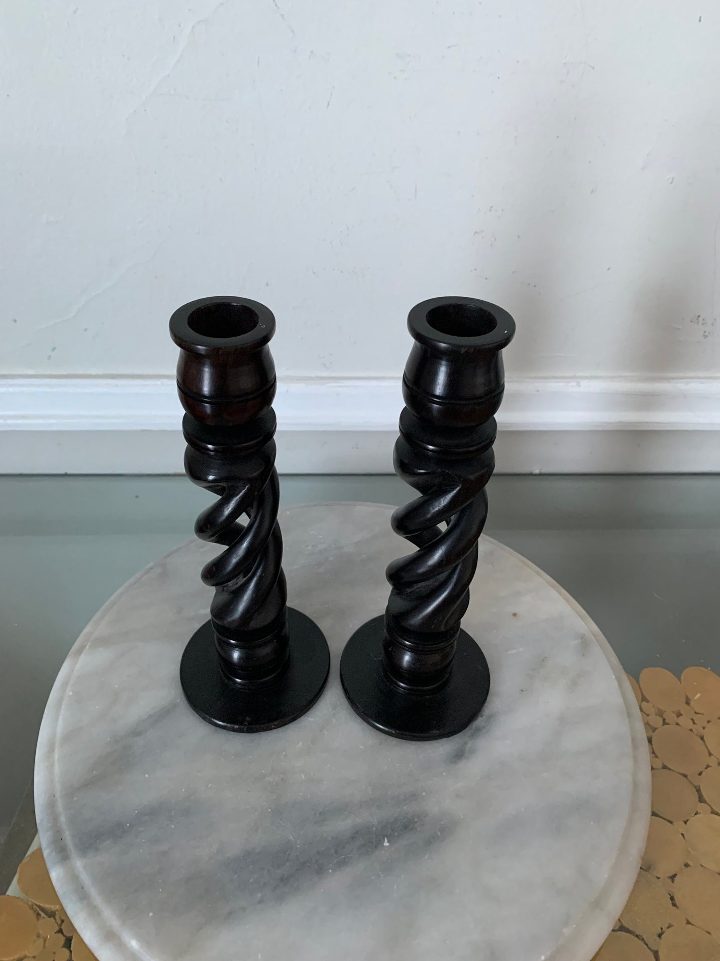 Pair of Dark Wood Hallowed Twist Candlesticks