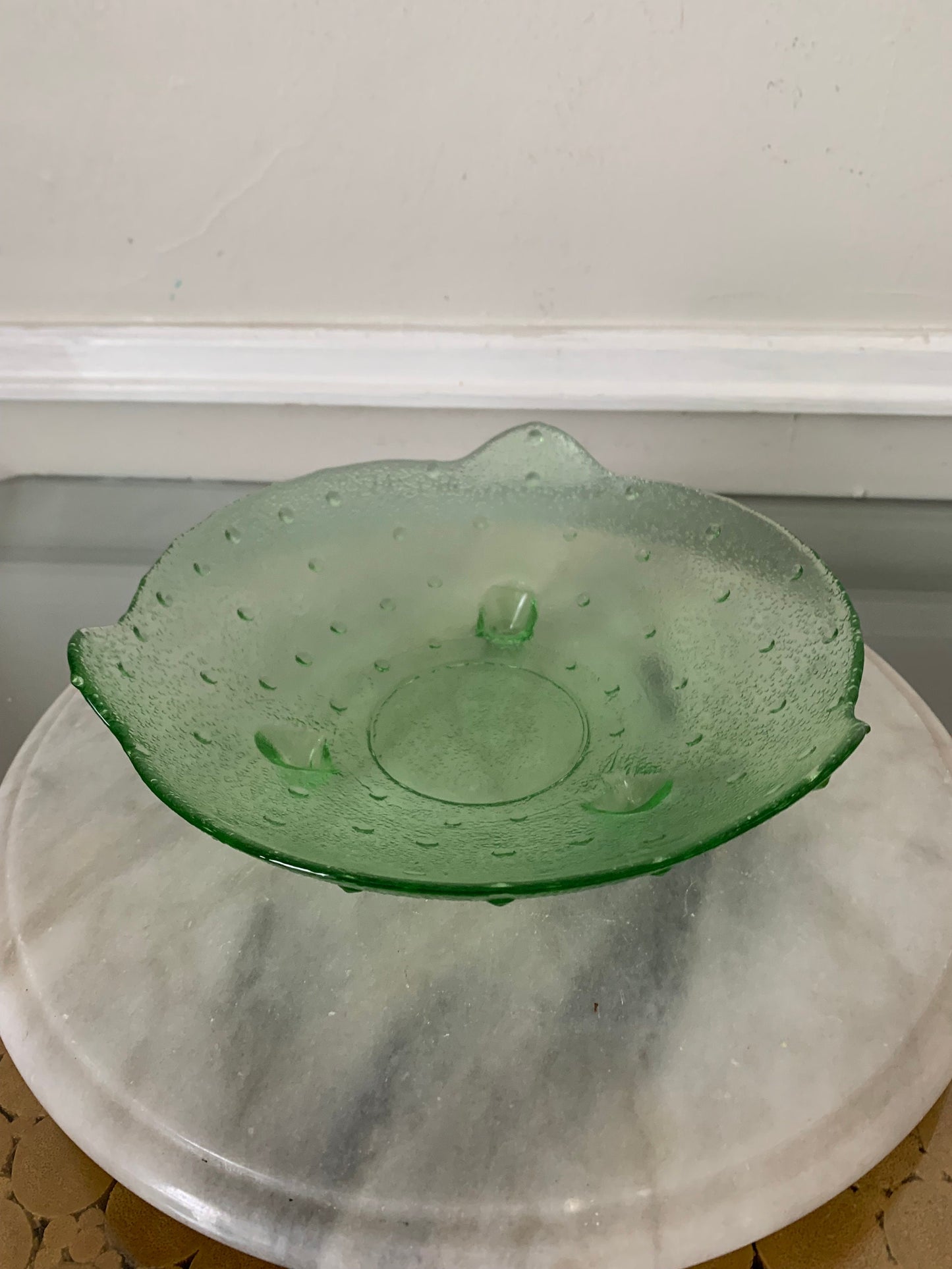 Vintage Medium Clear Lime Green Glass Footed Bowl with Bumps