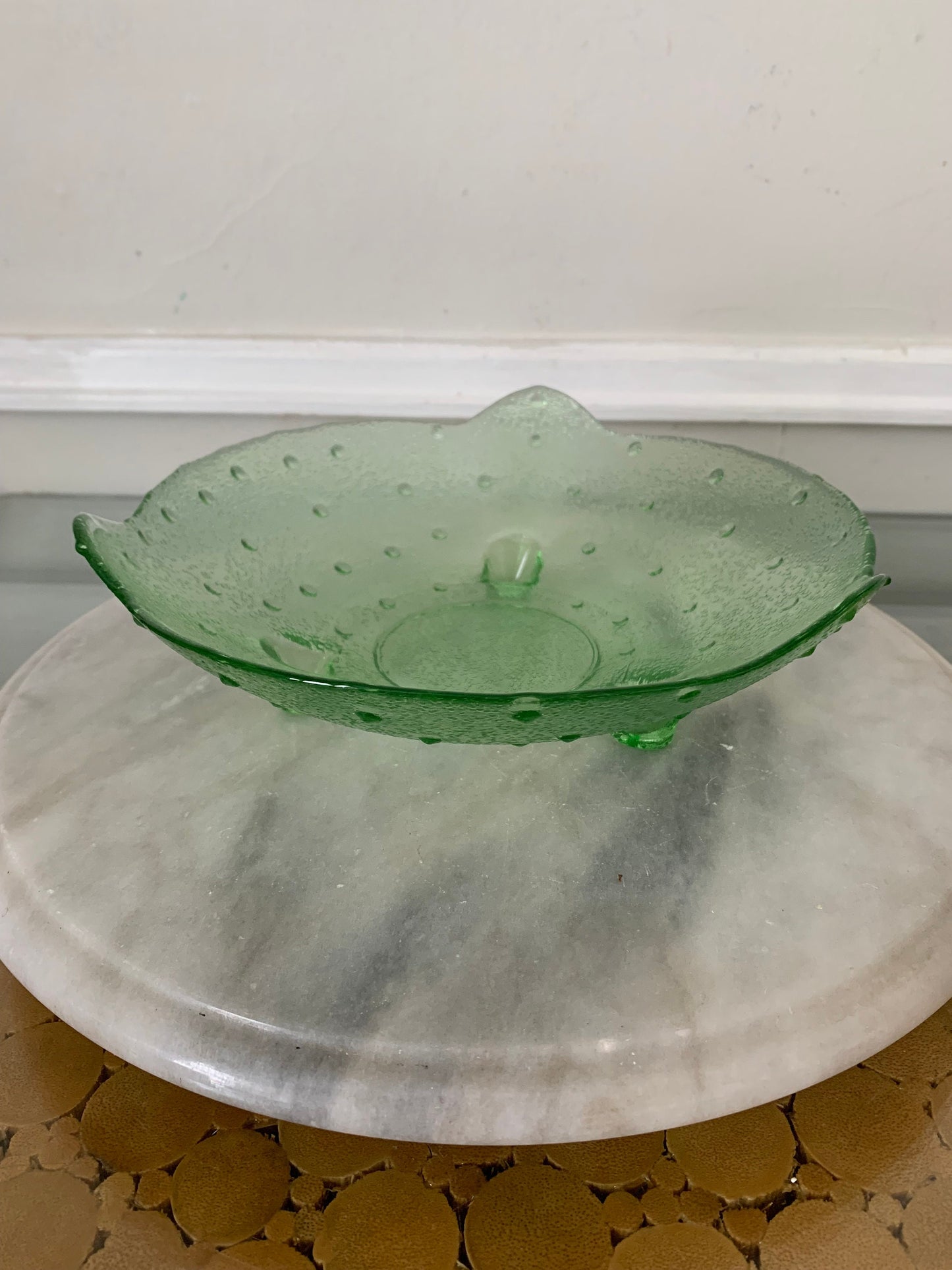 Vintage Medium Clear Lime Green Glass Footed Bowl with Bumps