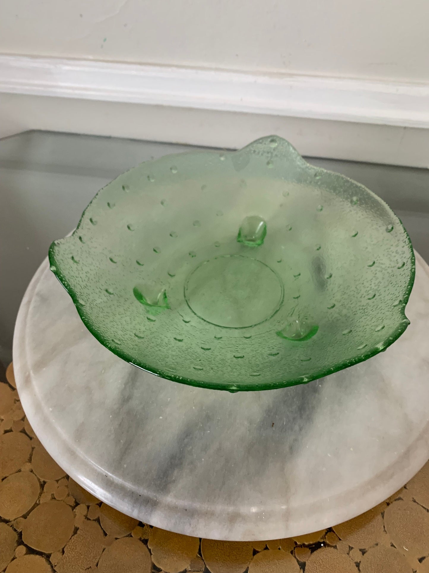 Vintage Medium Clear Lime Green Glass Footed Bowl with Bumps