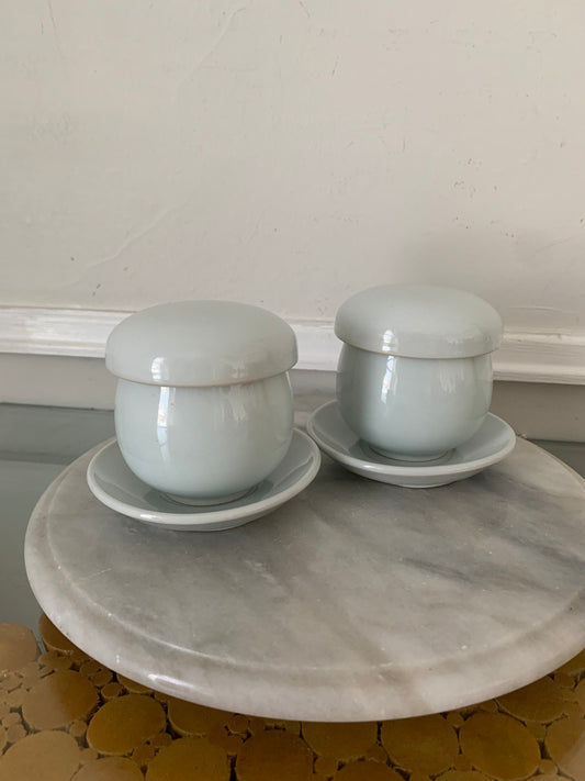 Pair of Pale Robins Egg Blue Ceramic Mushroom Mugs with Lids Strainers and Saucers