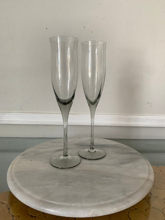 Pair of Vintage Tall Smokey Gray Glass Champagne Flutes with Flared Lip