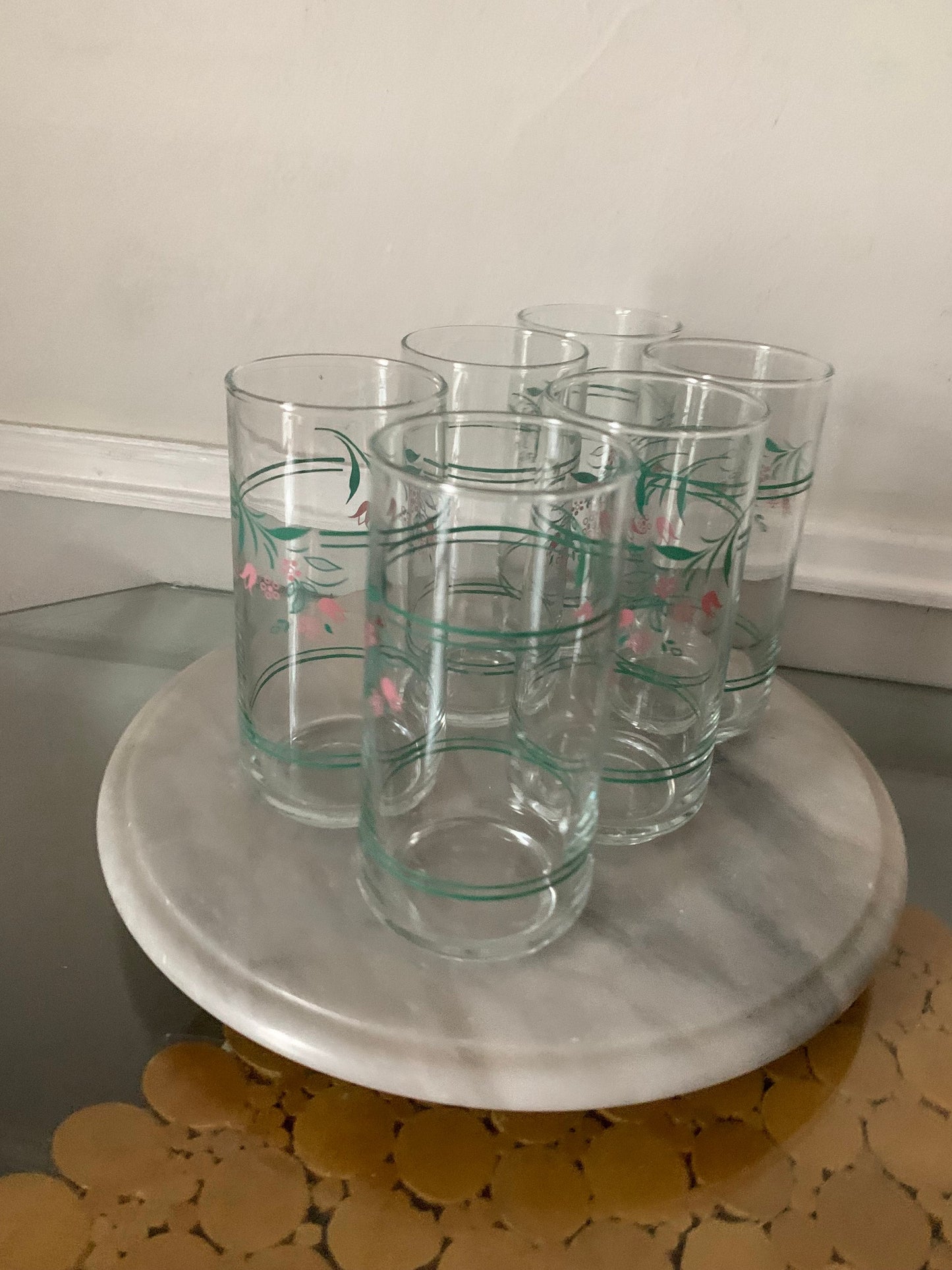 Set of 6 Retro Crisa Highball Pink Tulip Glass Tumblers
