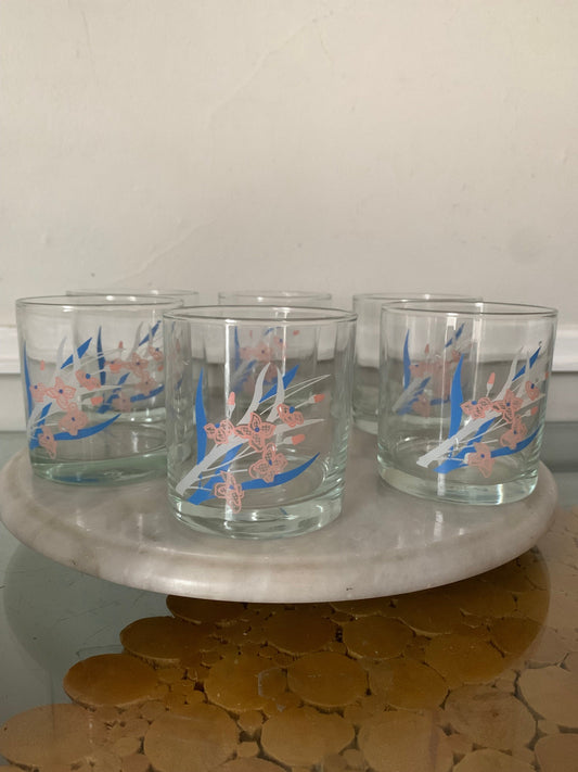 Set of 6 Retro Pink and Blue Flower Low Ball Glasses