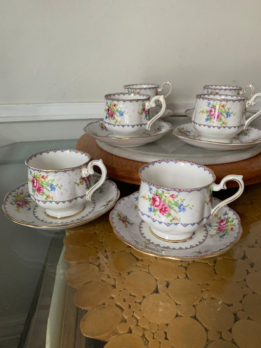 Set of 6 Royal Albert Petit Point Bone China Teacups and Saucers Made in England
