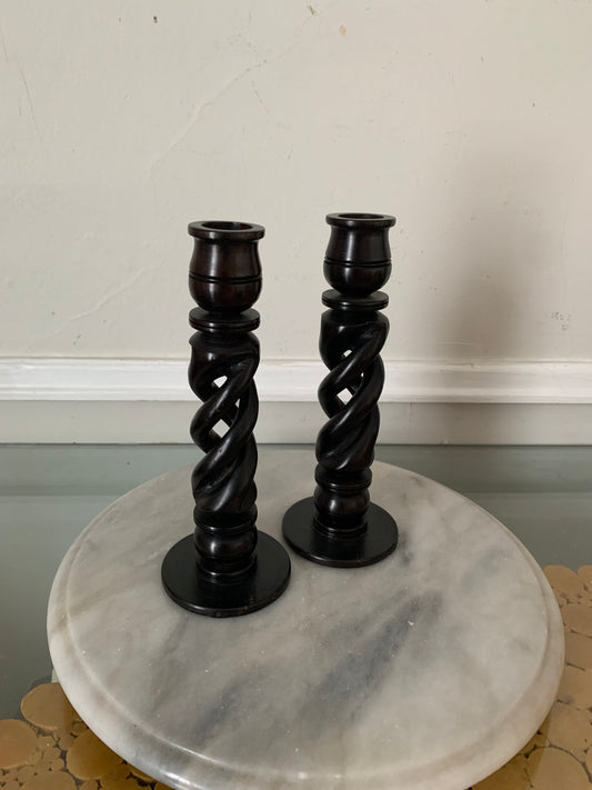 Pair of Dark Wood Hallowed Twist Candlesticks