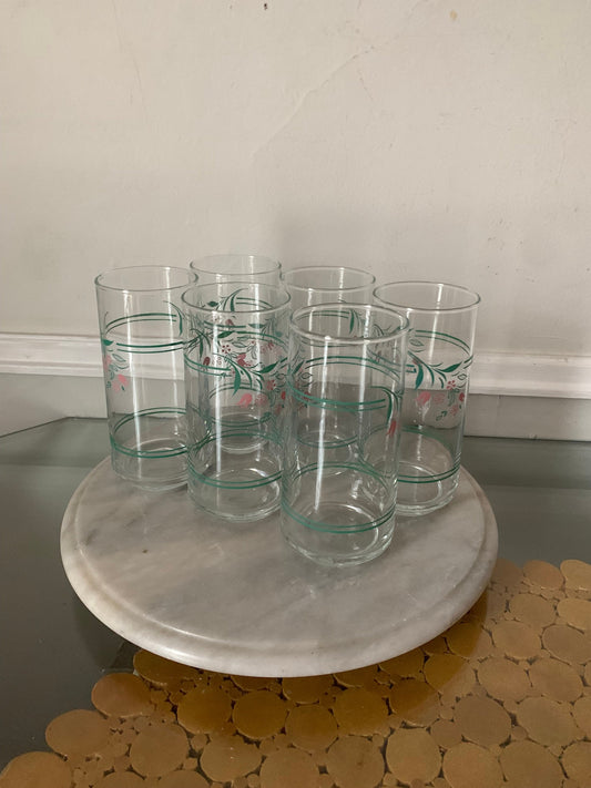 Set of 6 Retro Crisa Highball Pink Tulip Glass Tumblers