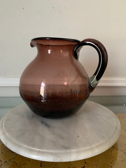 Retro Chubby Aubergine Handblown Glass Jug