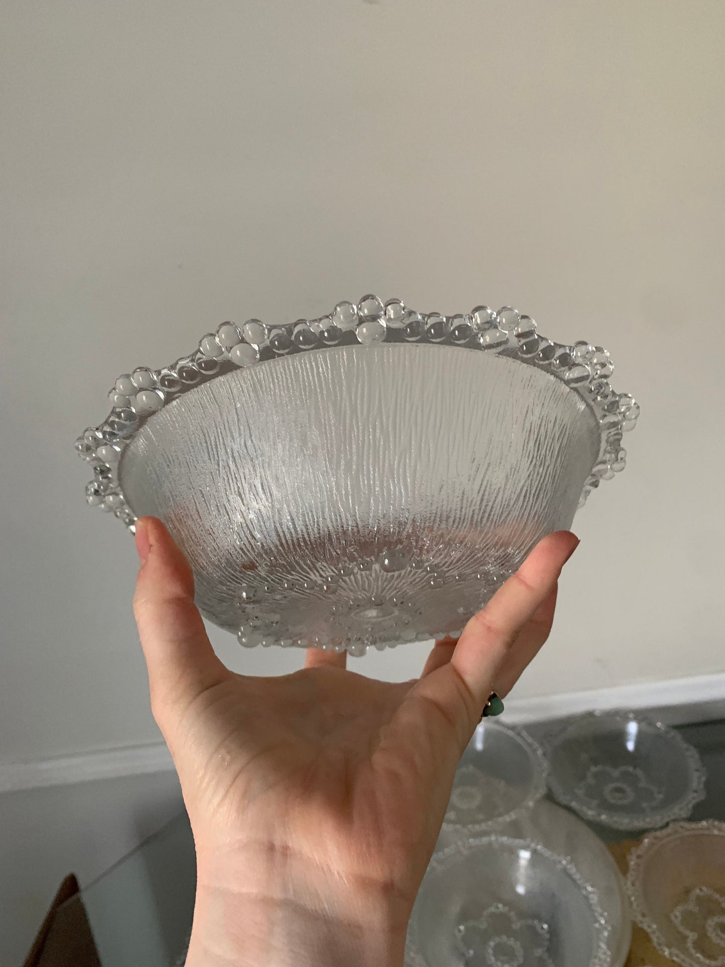 Set of 8 Vintage Ishizuka Aderia Textured Bubble Lace Edged Glass Bowls