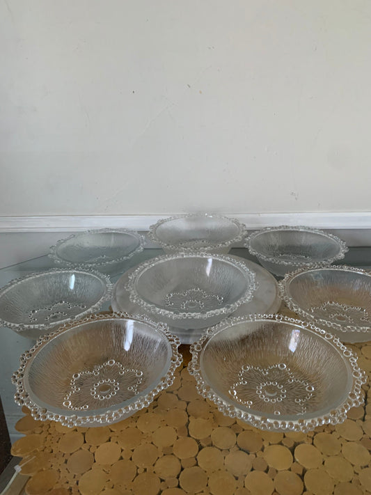 Set of 8 Vintage Ishizuka Aderia Textured Bubble Lace Edged Glass Bowls