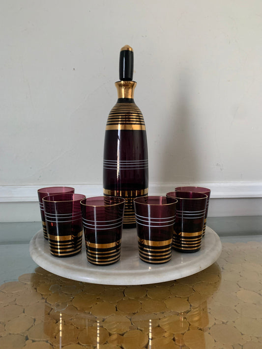 Set of 7 MCM Deep Aubergine Liqueur Glasses and Decanter with Gold Stripes