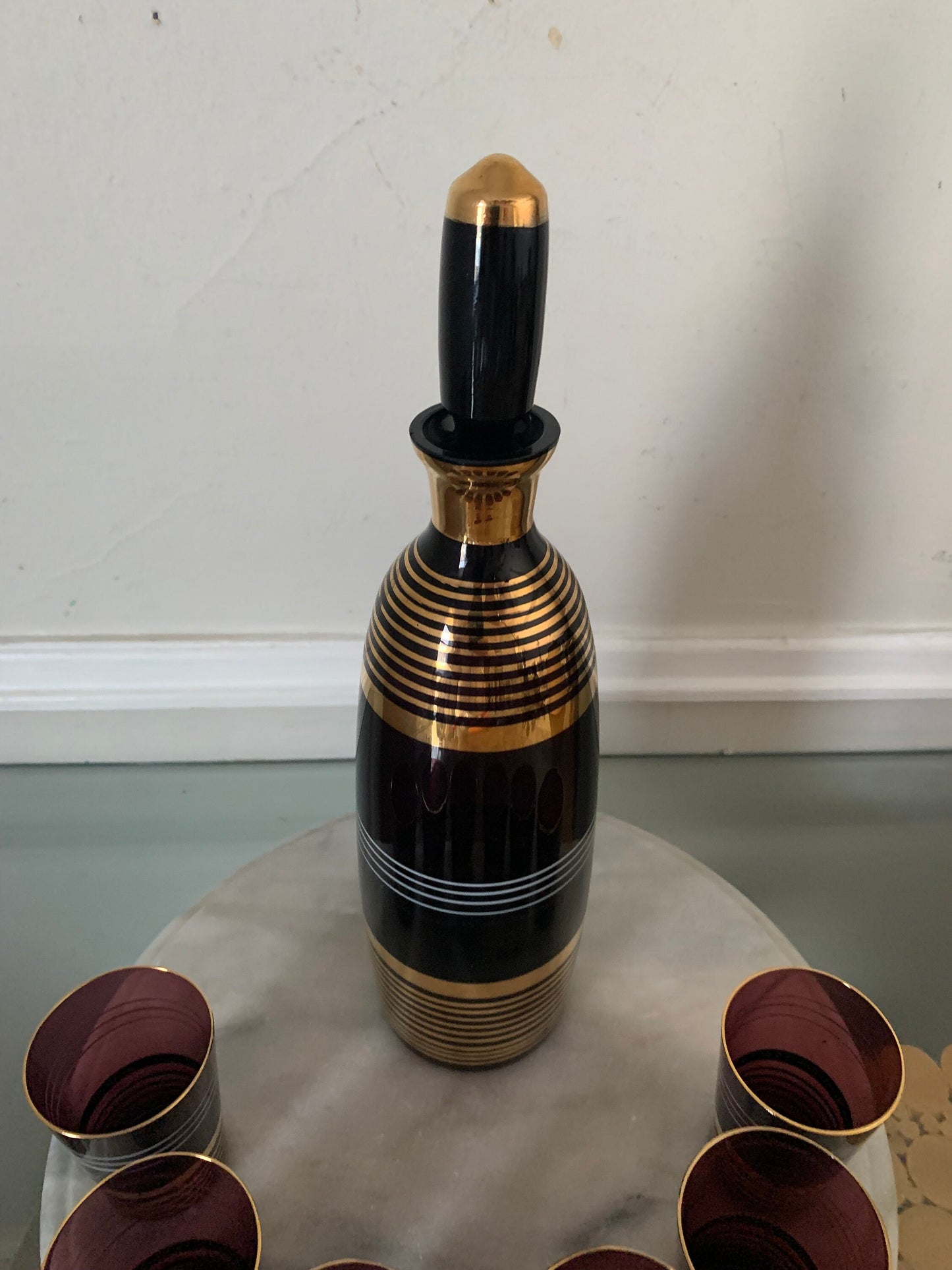 Set of 7 MCM Deep Aubergine Liqueur Glasses and Decanter with Gold Stripes