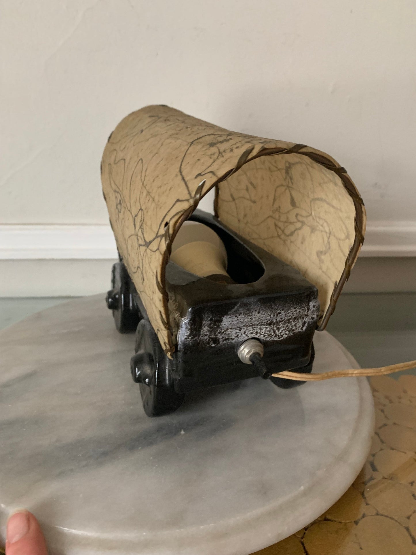 MCM Black and White Glazed Ceramic Covered Wagon Lamp with Fibre Glass Shade