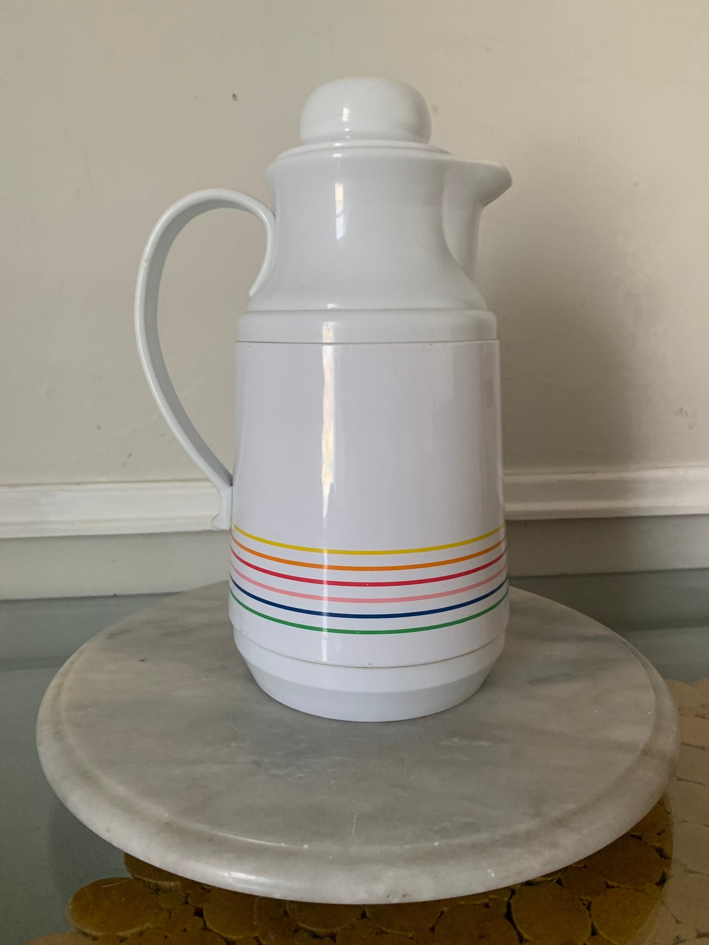 Retro White Hot/Cold Thermos Carafe Made in Taiwan with Rainbow Stripes