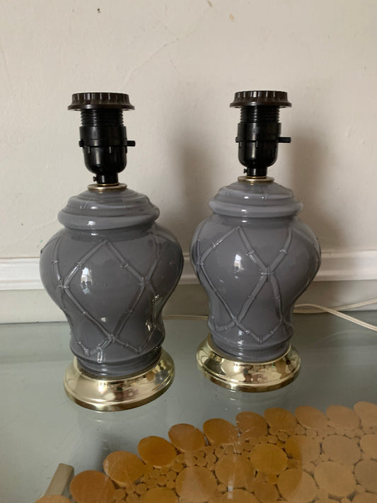 Pair of Small Retro Gray Glass Table Lamps with Bamboo Design No Shades