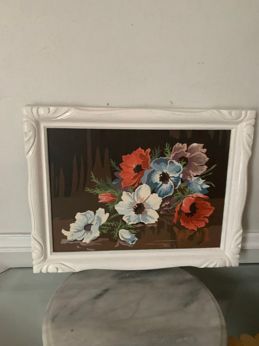 Vintage Medium Floral Paint by Numbers in White Wood Frame
