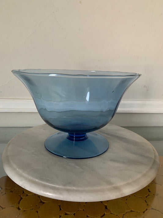 Vintage Clear Deep Blue Pedestal Glass Bowl