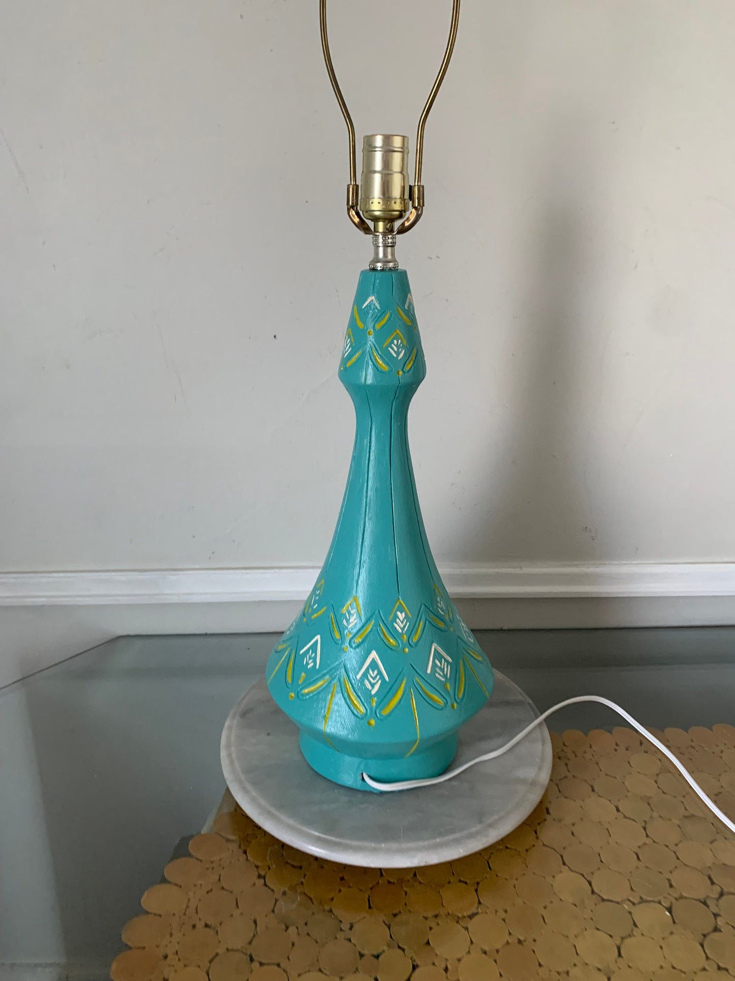 Tall MCM Blue Yellow and White Chalkware Table Lamp No Shade