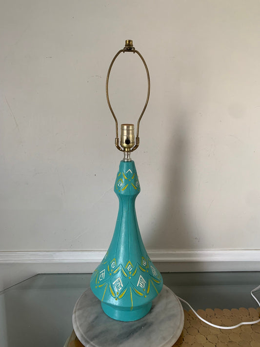 Tall MCM Blue Yellow and White Chalkware Table Lamp No Shade